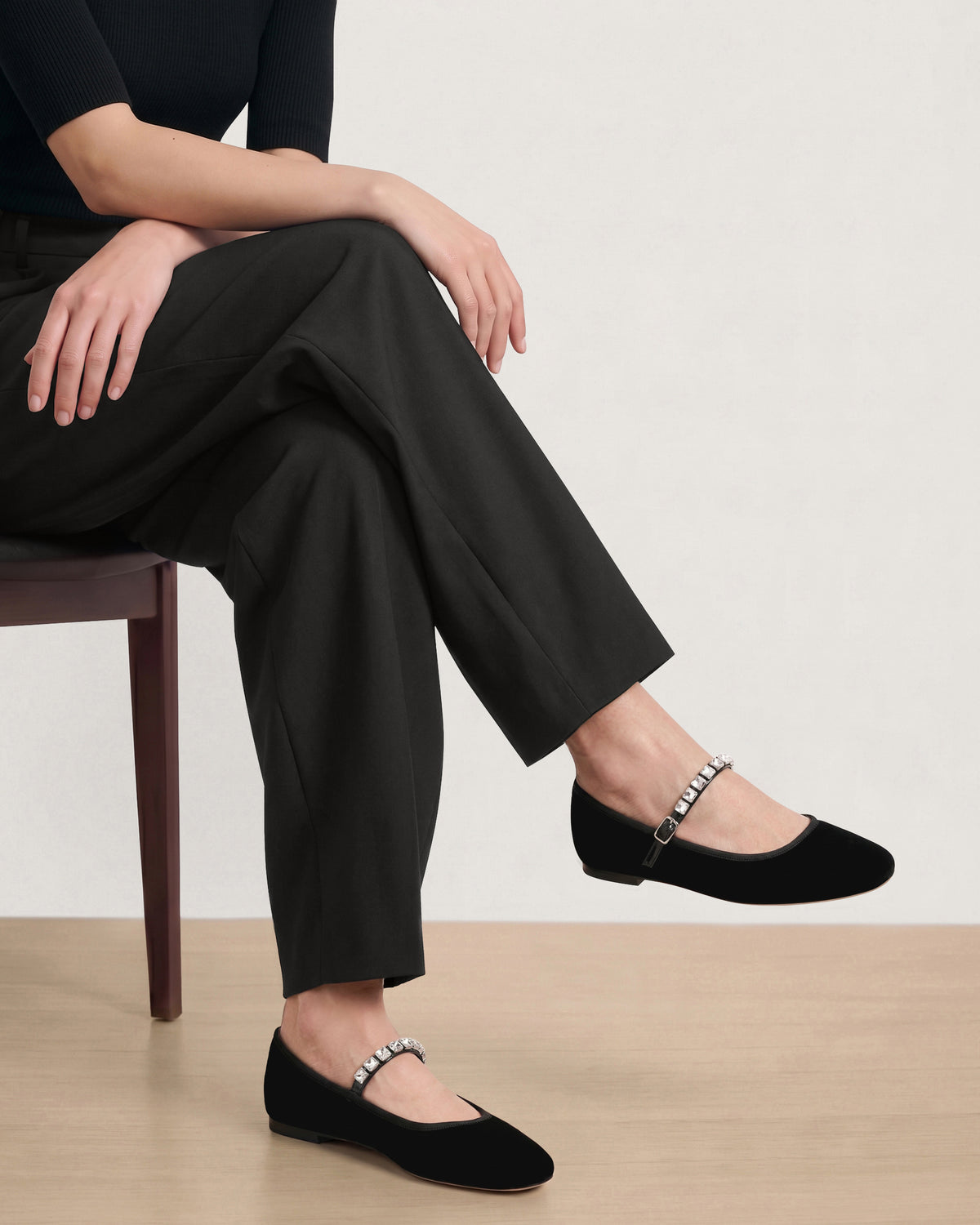 Veronica Beard Black velvet flat shoes with crystal straps.