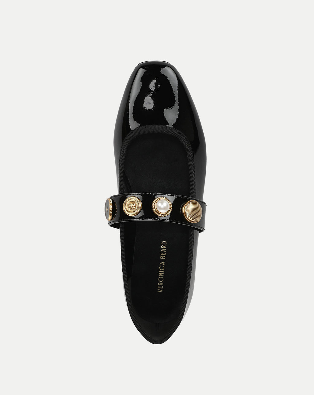 Veronica Beard Black patent leather flat with metallic embellished strap.