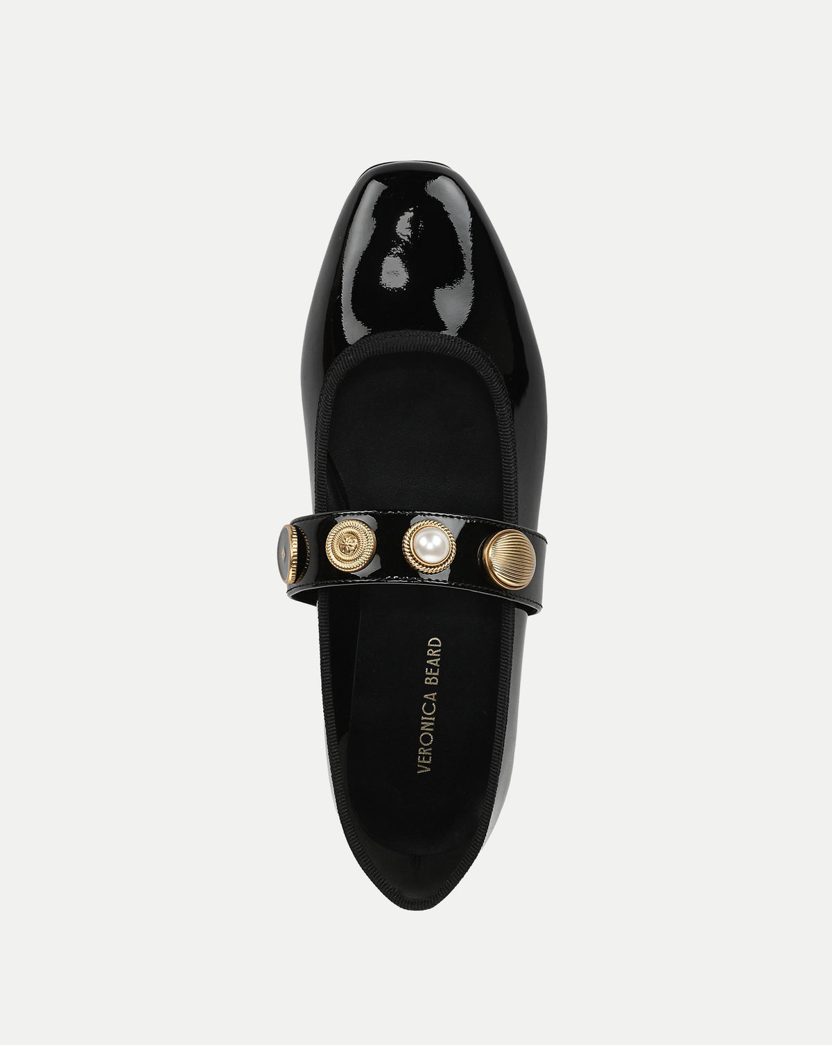 Veronica Beard Black patent leather flat with metallic embellished strap.