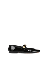 Veronica Beard Black patent leather flat with gold button strap.