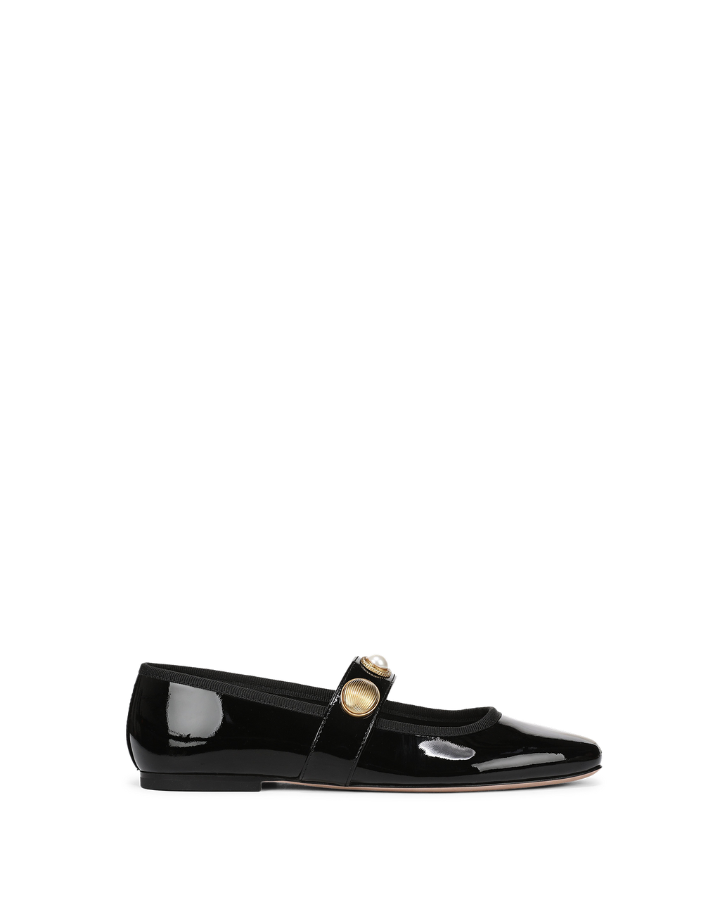 Veronica Beard Black patent leather flat with gold button strap.