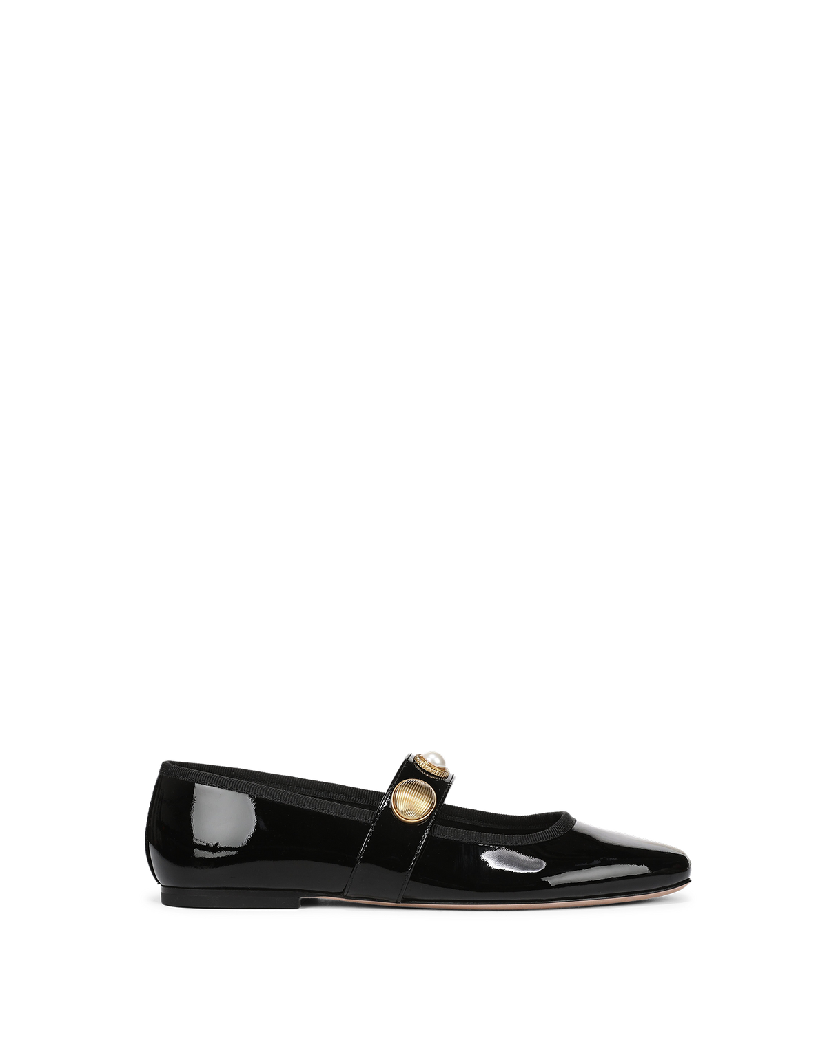 Veronica Beard Black patent leather flat with gold button strap.