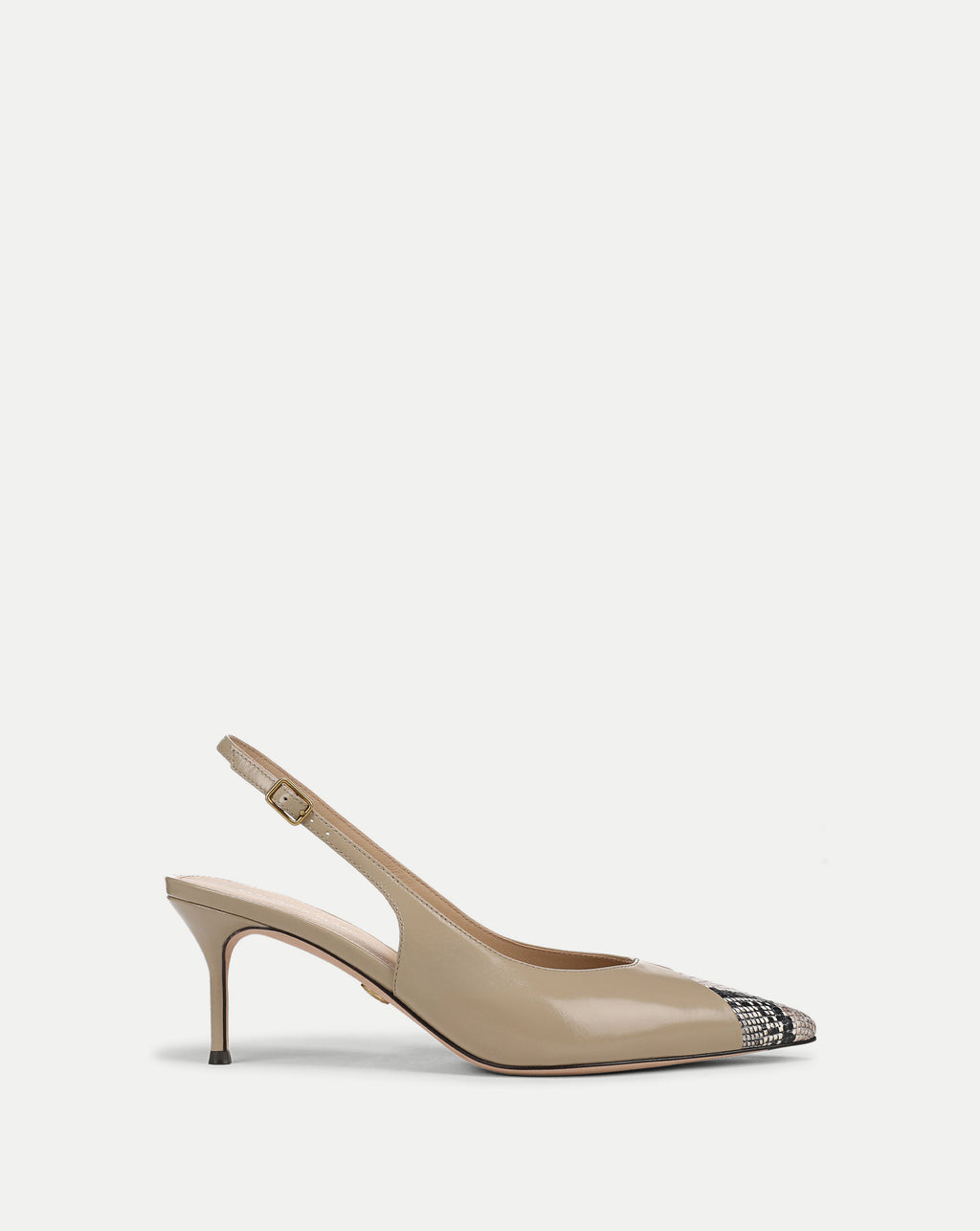 Veronica Beard Beige patent leather slingback heel, houndstooth toe.