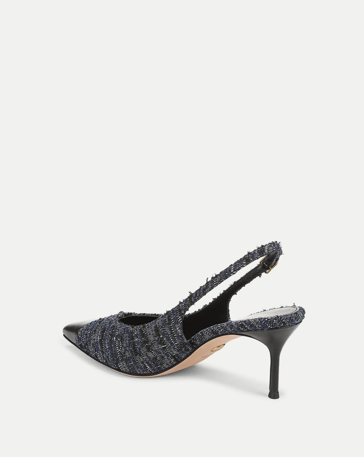 Veronica Beard Blue tweed slingback heel with black pointed toe.