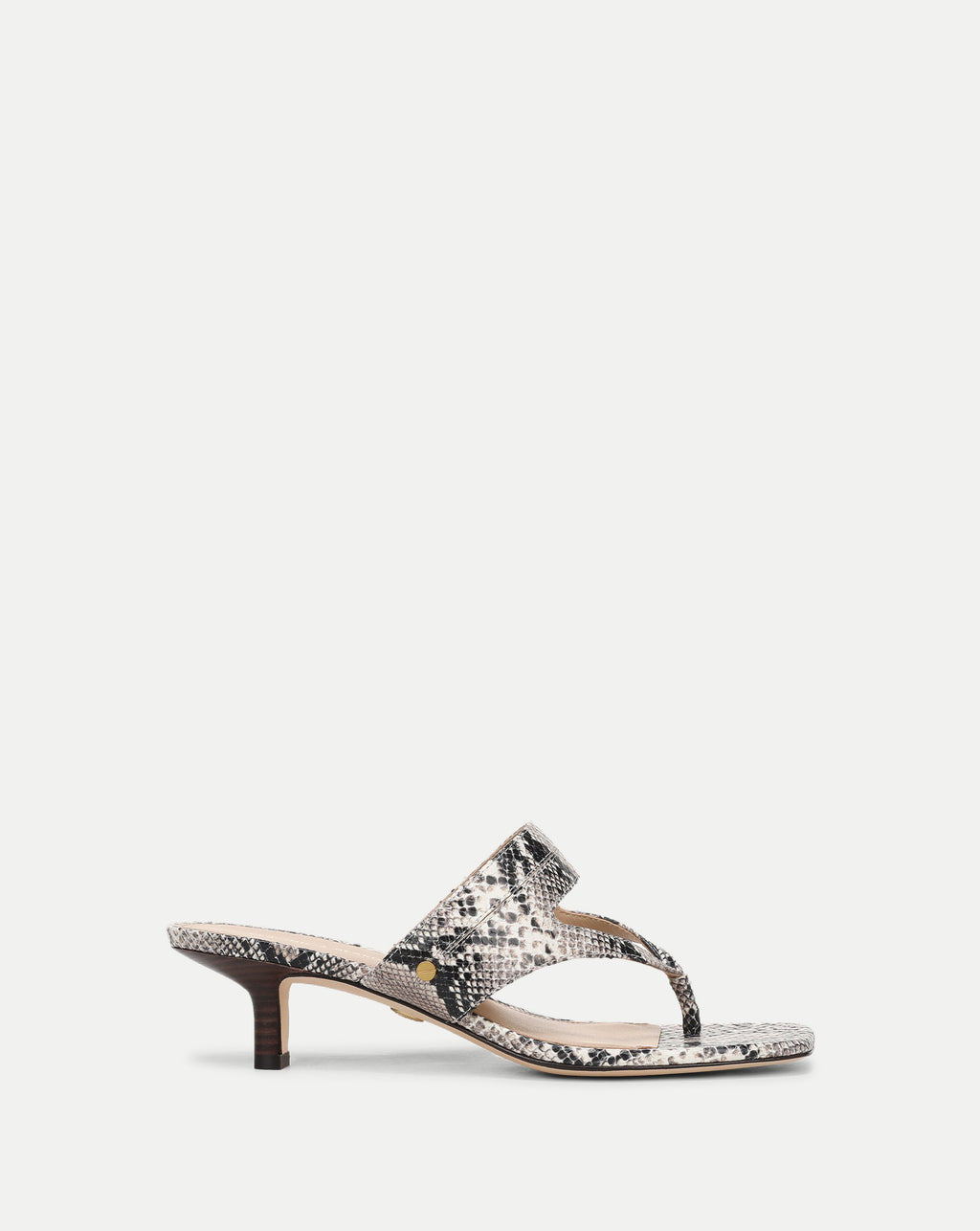Veronica Beard Snakeskin print heeled thong sandal.