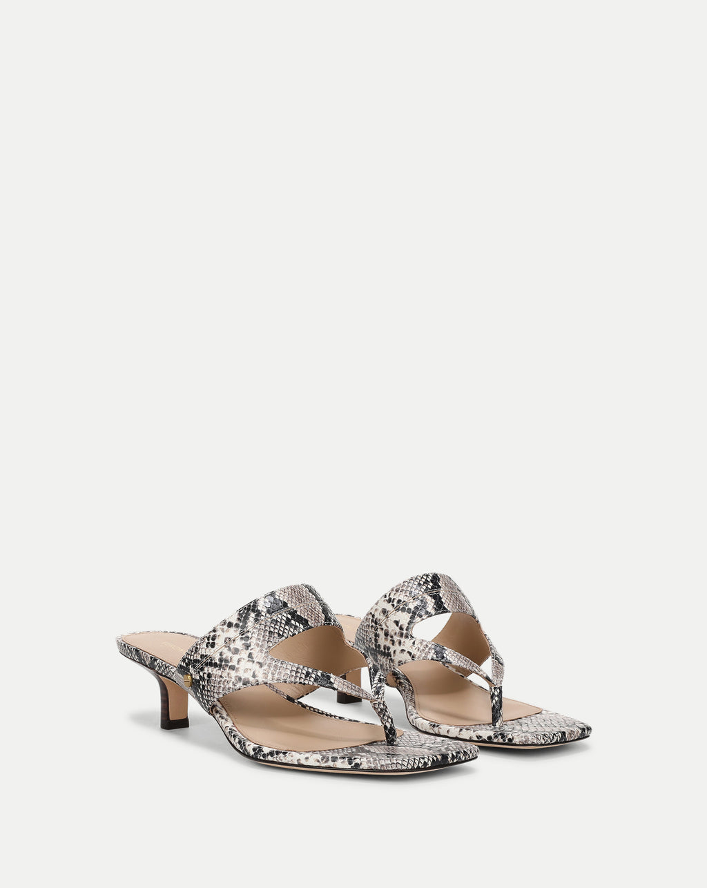 Veronica Beard Snakesprint thong kitten heel mules.