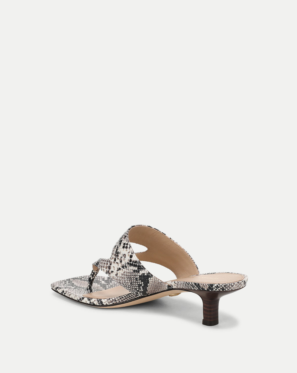 Veronica Beard Snakeskin thong mule with dark kitten heel.