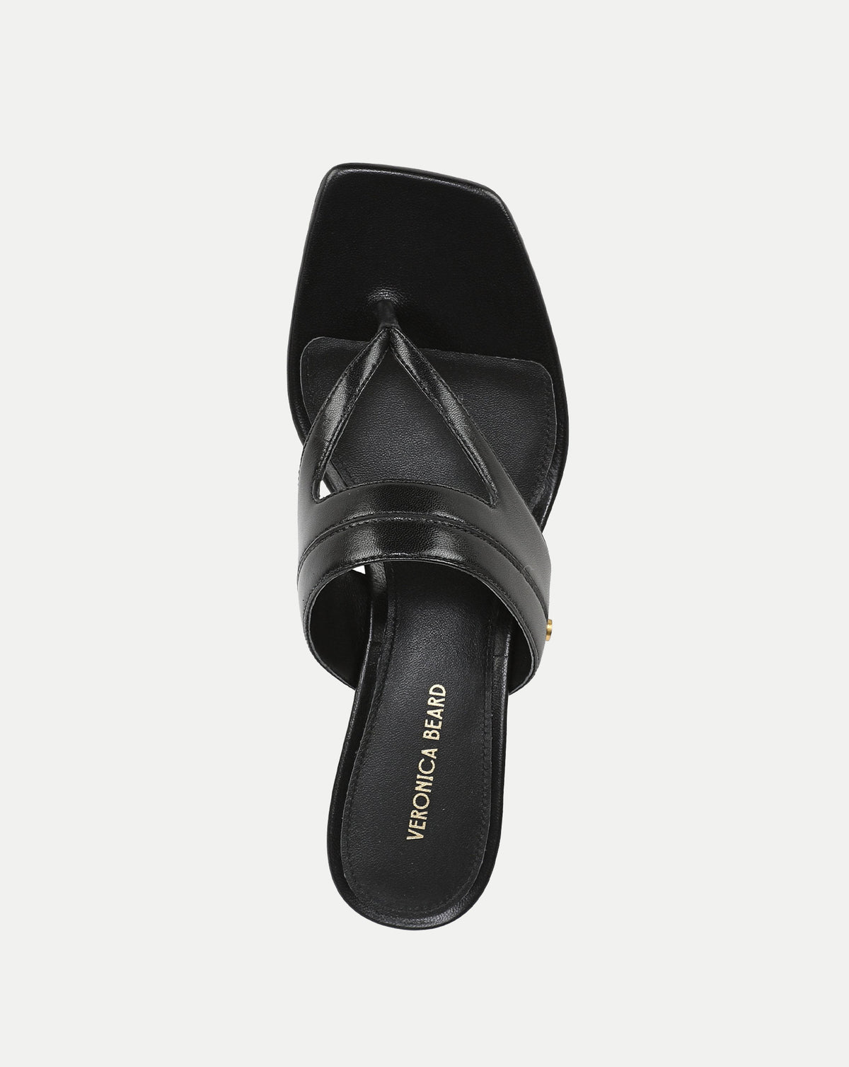 Veronica Beard Black leather thong heeled sandal with square toe.