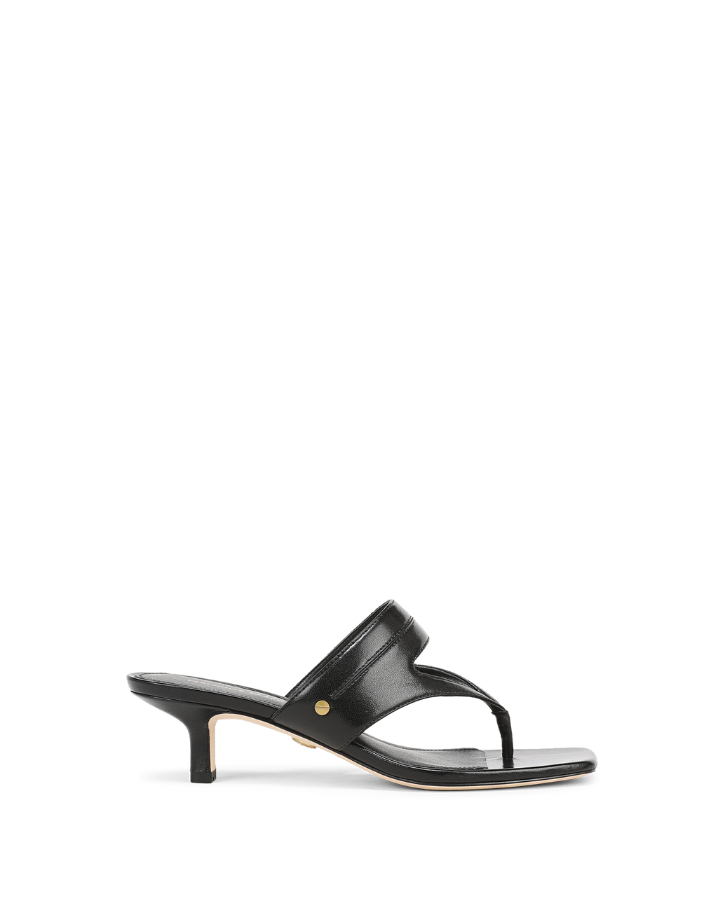 Veronica Beard Black leather thong kitten heel sandal.