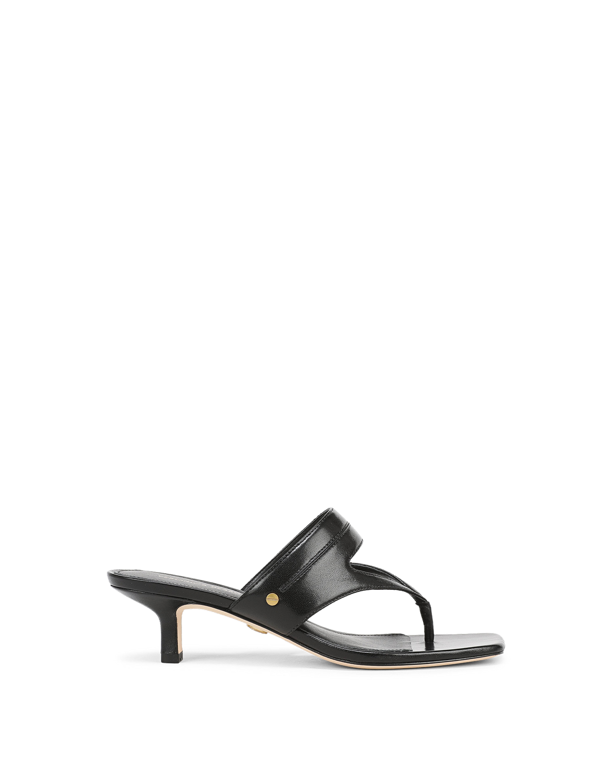 Veronica Beard Black leather thong kitten heel sandal.