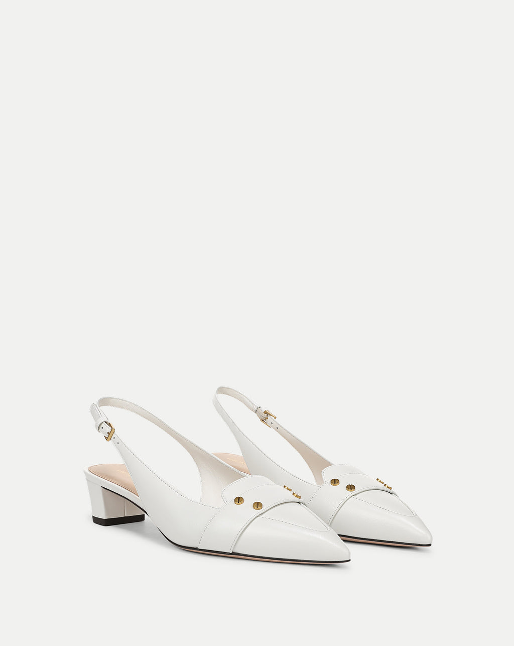 Veronica Beard White leather slingback heels with gold studs.