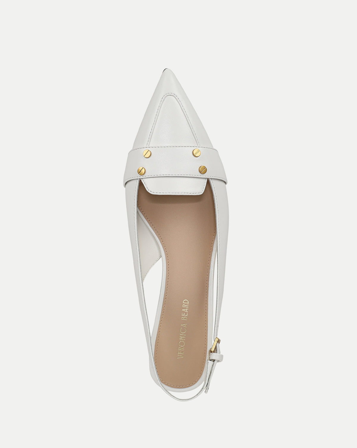 Veronica Beard White pointed-toe leather slingback shoe with gold studs.