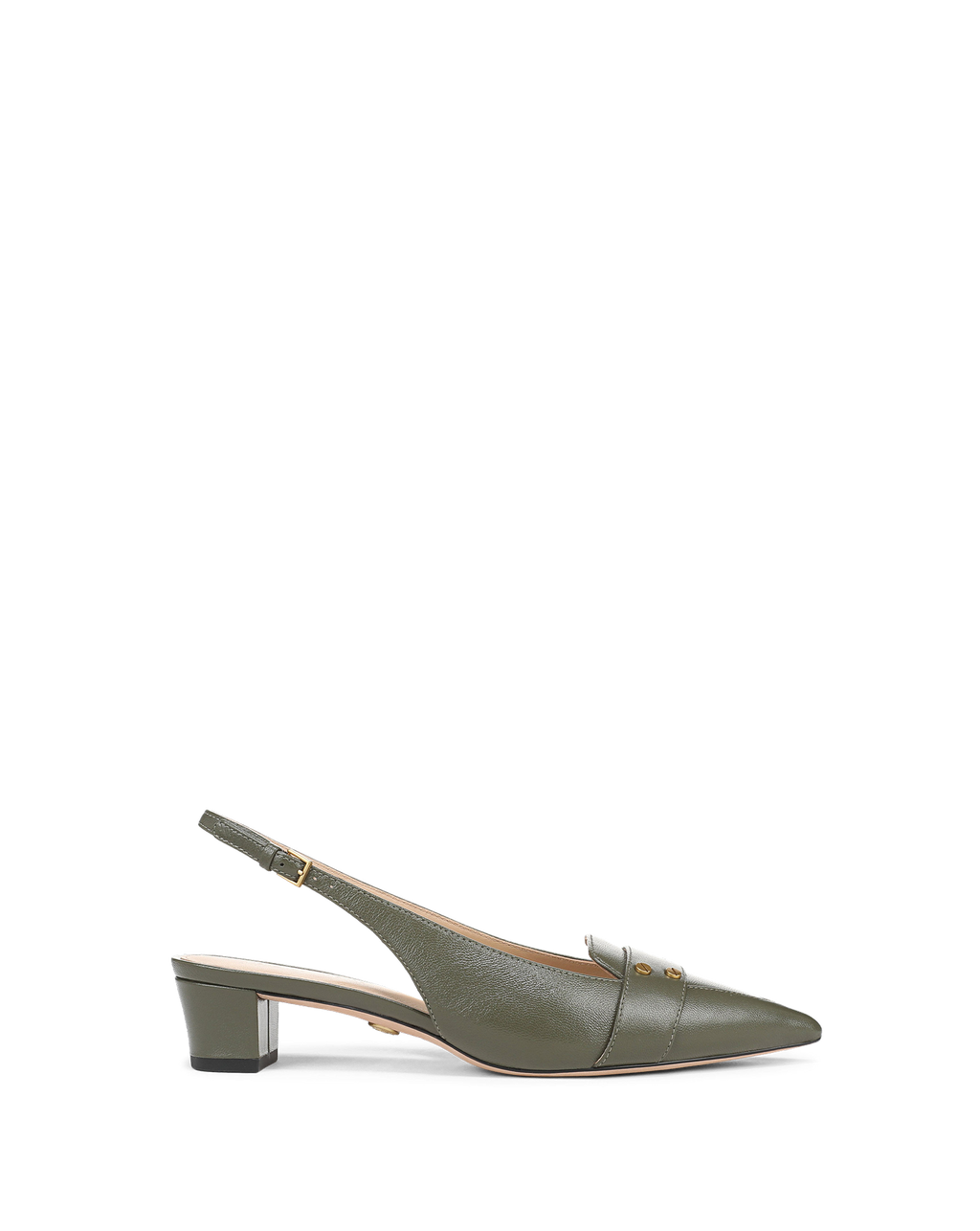 Veronica Beard Olive green leather pointed slingback block heel.