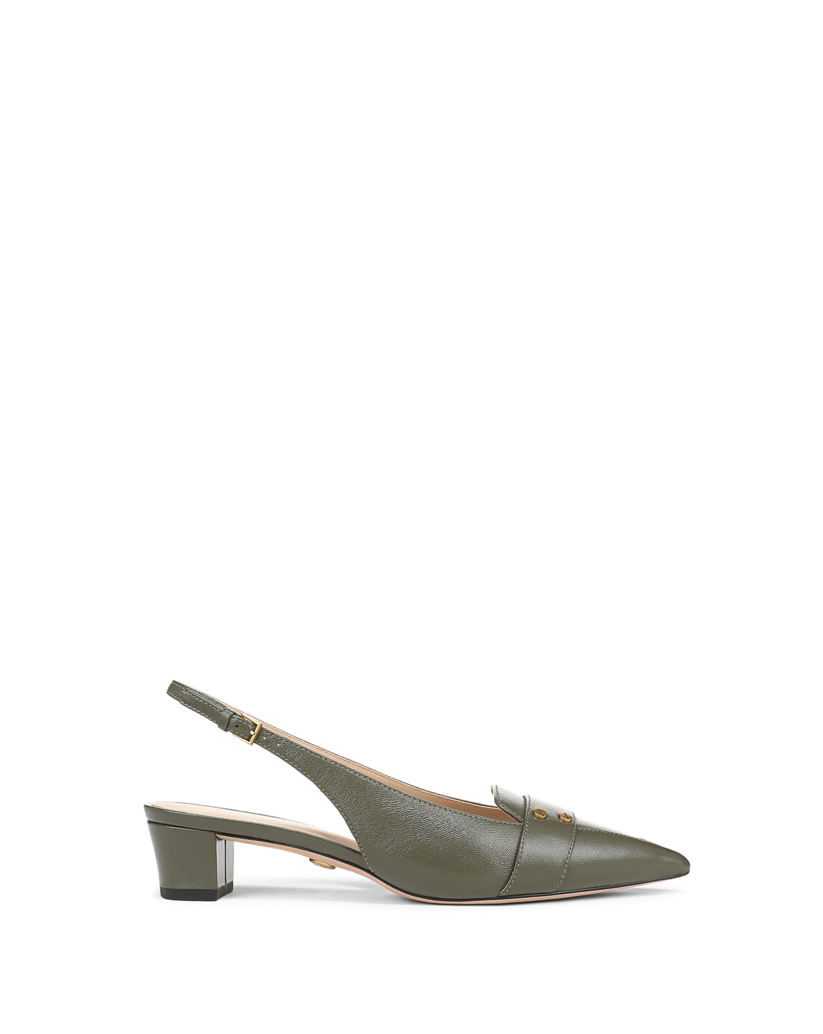 Veronica Beard Olive green leather pointed slingback block heel.