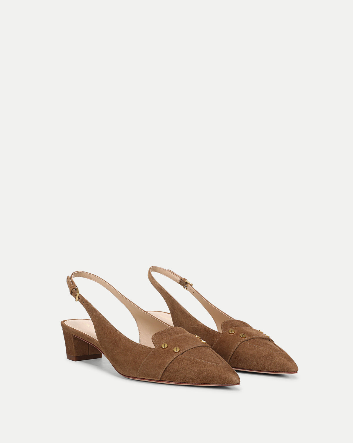 Veronica Beard Brown suede slingback shoes with studded details.