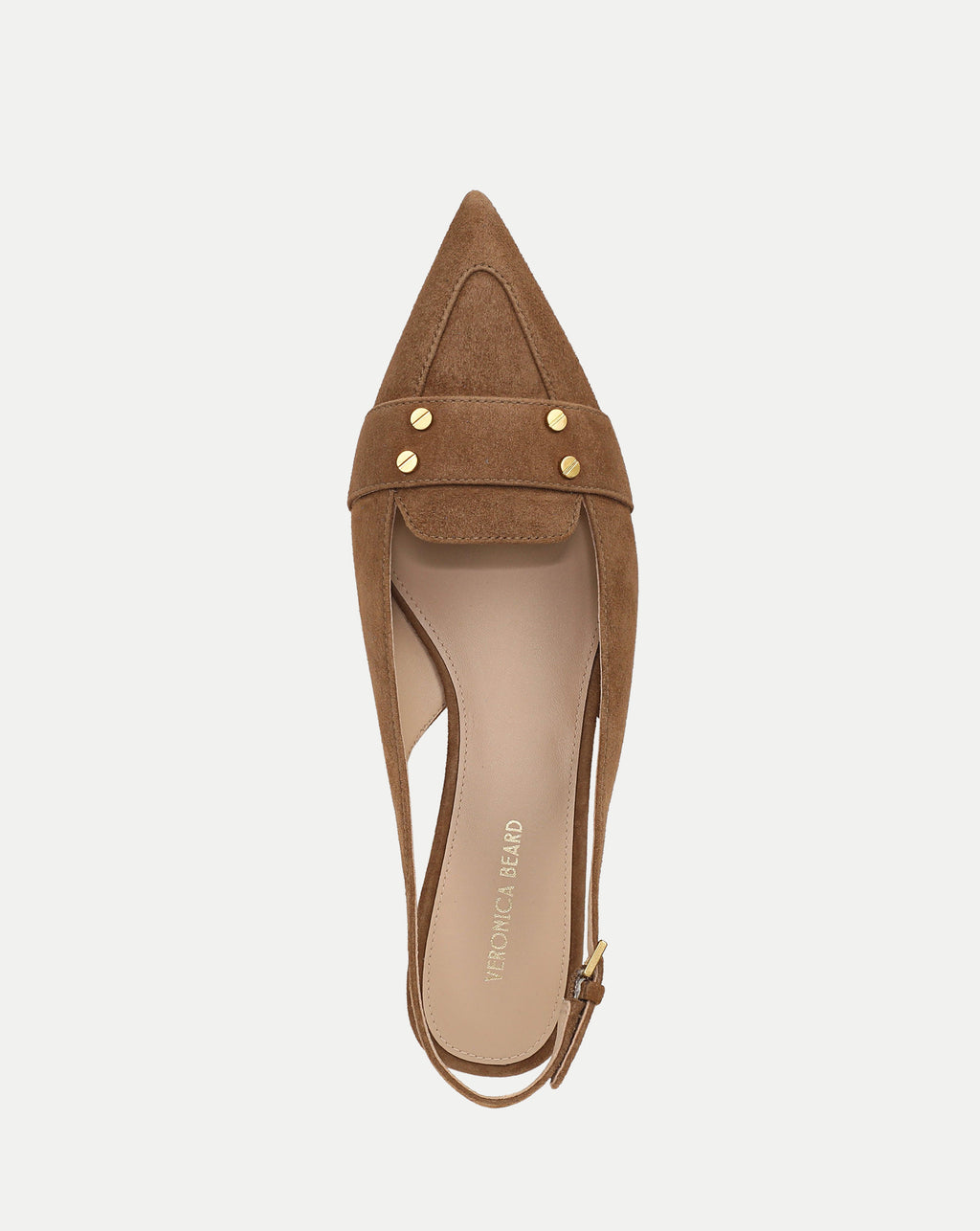 Veronica Beard Brown suede pointed-toe slingback flats with gold studs.