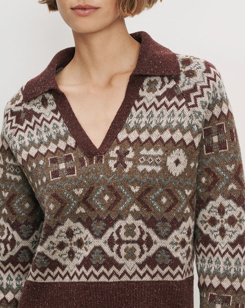 Veronica Beard Brown and gray patterned knit V-neck collar sweater.