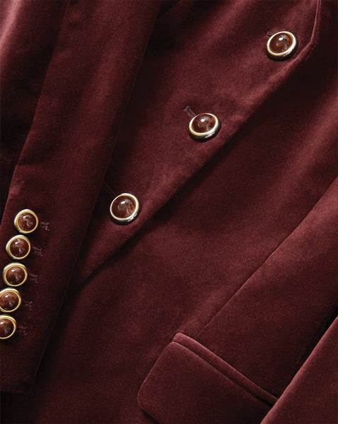 Veronica Beard Burgundy velvet blazer with gold-trimmed buttons.