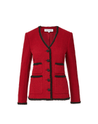 Veronica Beard Red tweed blazer with black fringe trim.