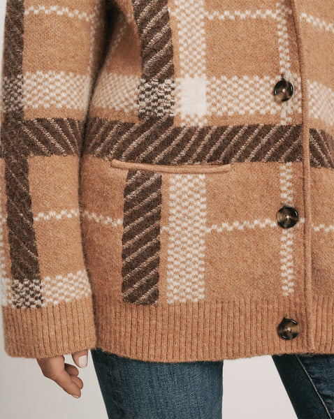 Veronica Beard Brown plaid knit cardigan with buttons and pockets.