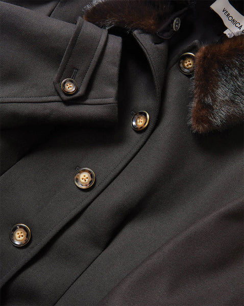 Veronica Beard Dark brown wool coat with brown faux fur collar.