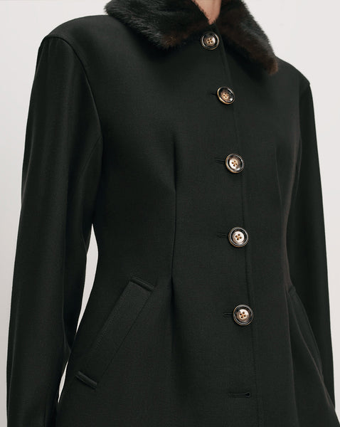 Veronica Beard Black coat with faux fur collar and buttons.