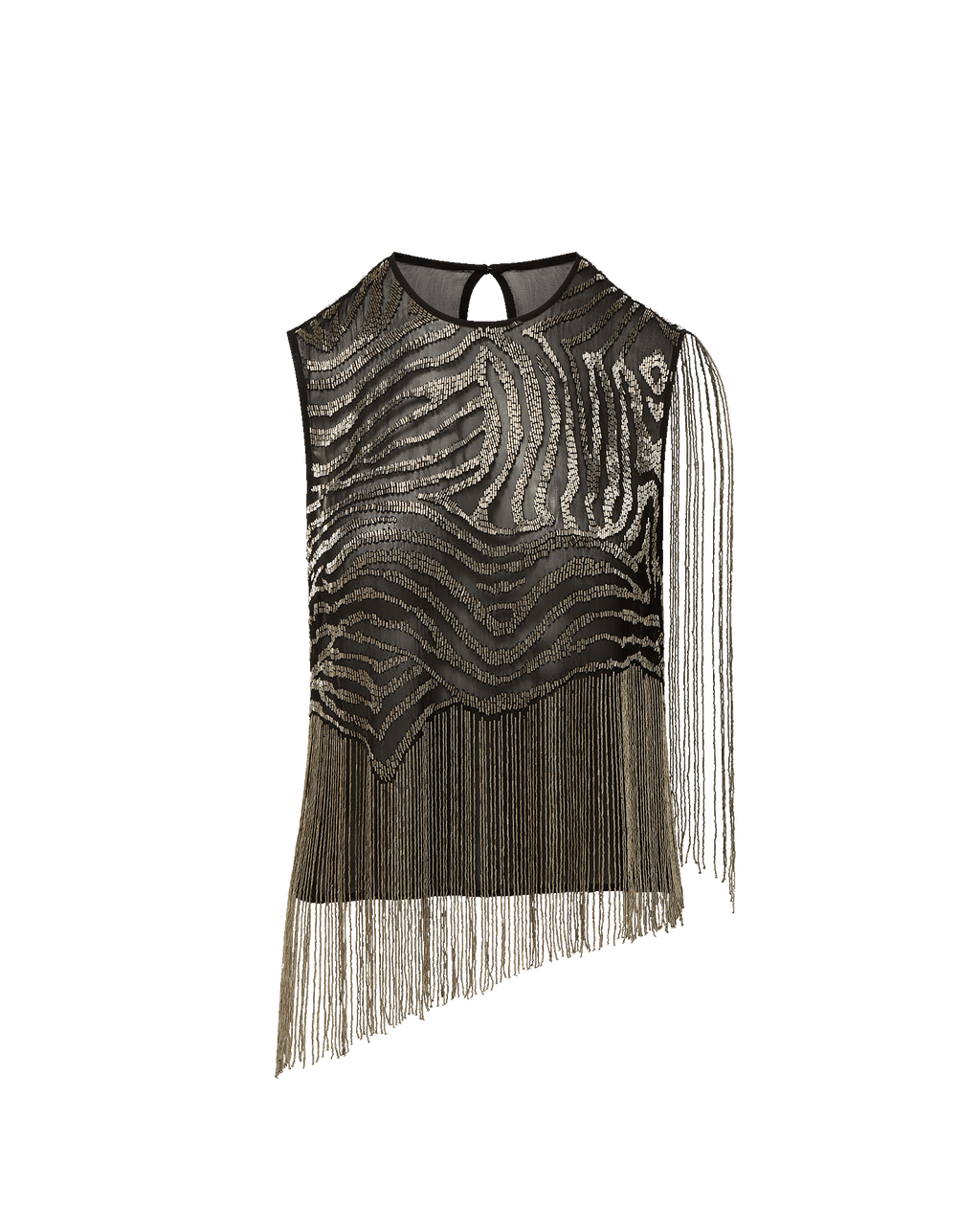 Veronica Beard Black sleeveless sequin zebra top with fringe.