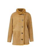 Veronica Beard Tan shearling button-front coat with plush collar.