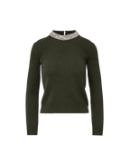 Veronica Beard Dark green knit sweater with jeweled collar.