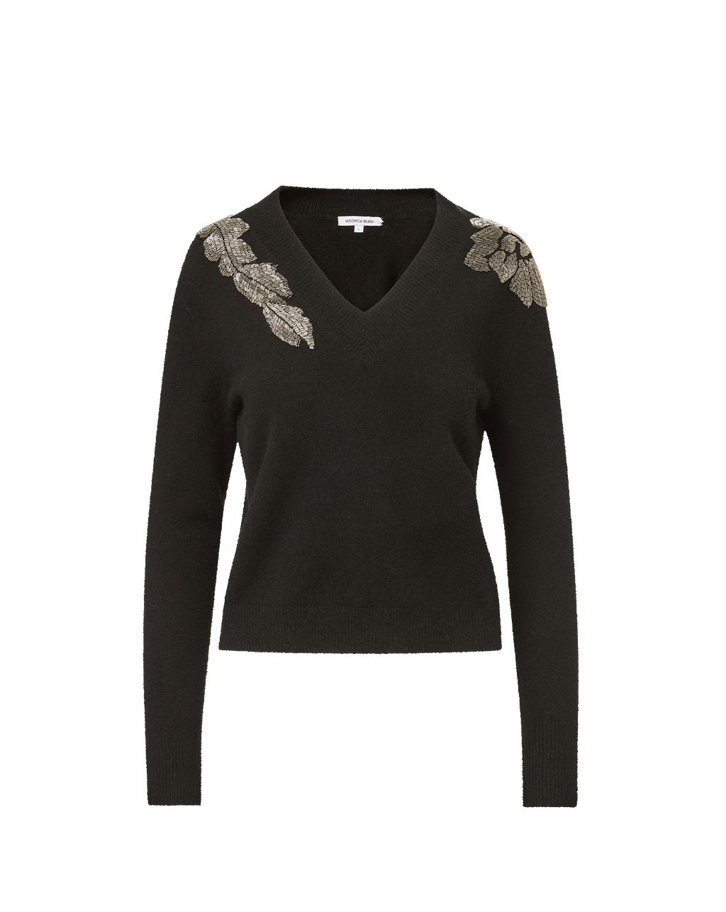 Veronica Beard Black V-neck sweater with beaded shoulder floral embroidery.