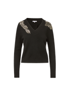 Veronica Beard Black V-neck sweater with beaded shoulder floral embroidery.