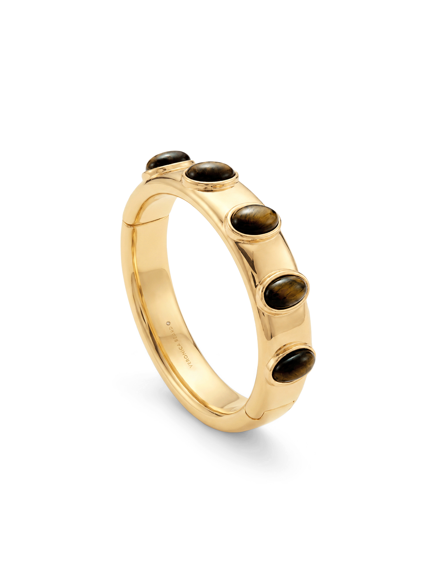 Veronica Beard Gold hinged bangle with dark oval stones.