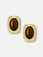 Veronica Beard Gold square earrings with oval brown tiger eye stones.