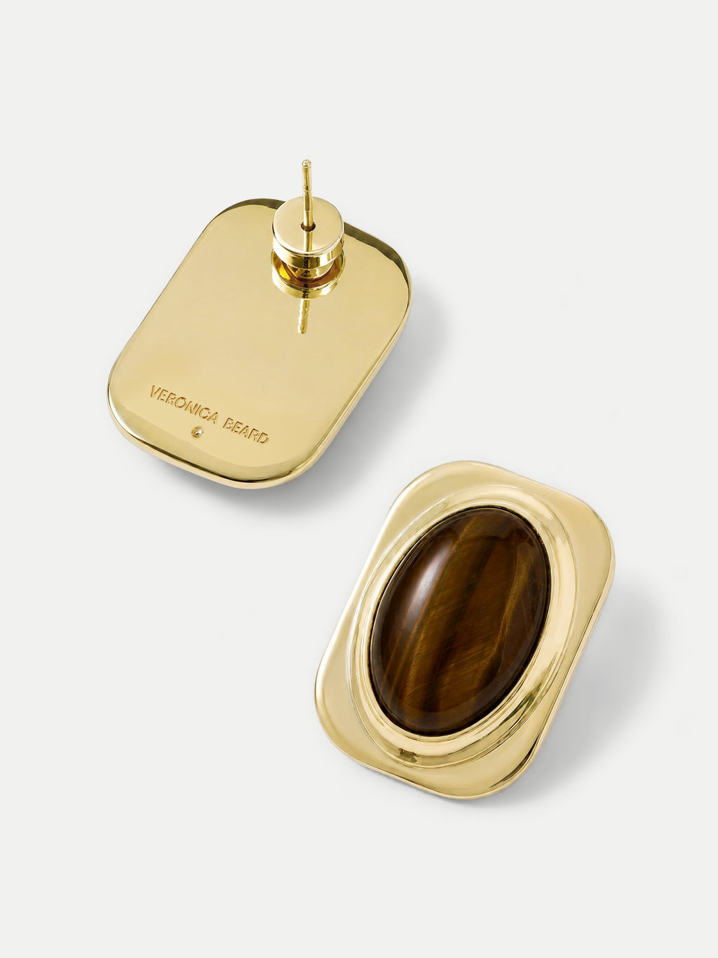 Veronica Beard Gold square stud earrings with brown tiger eye stones.