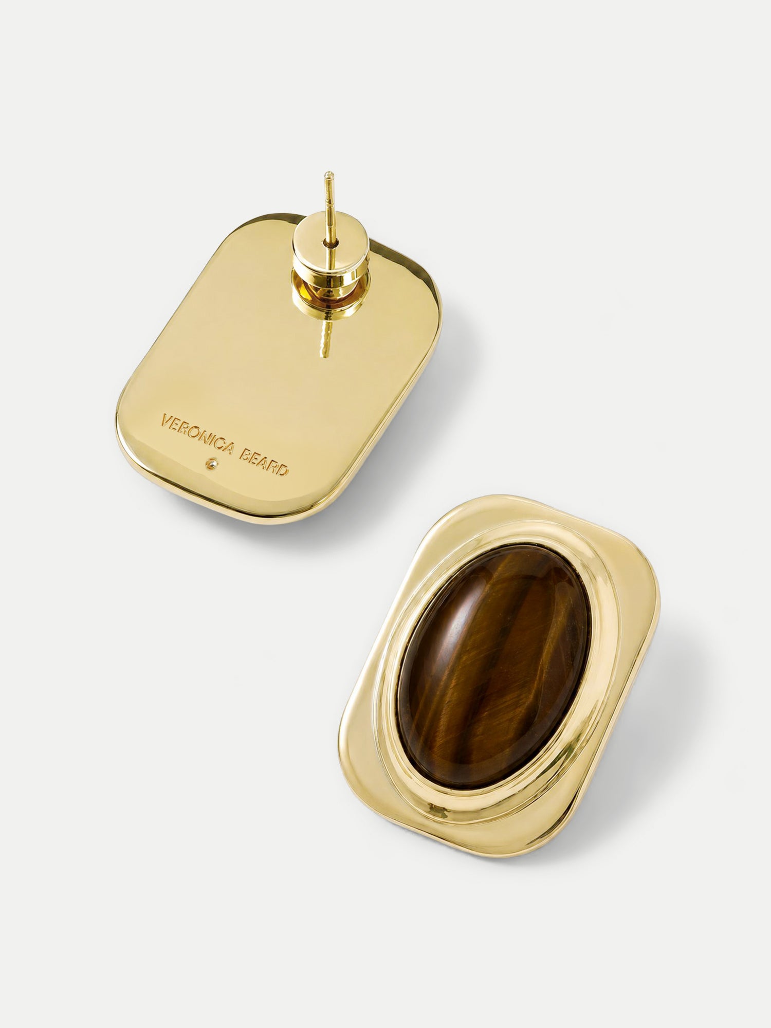 Veronica Beard Gold square stud earrings with brown tiger eye stones.