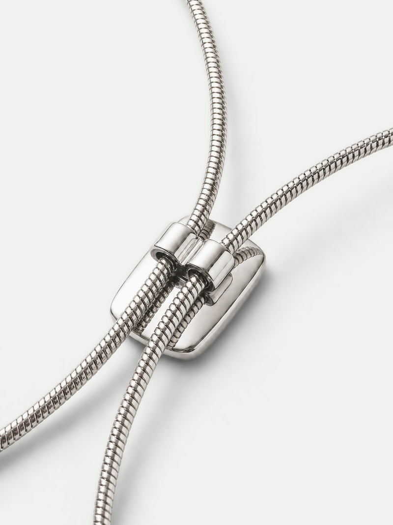 Veronica Beard Silver metal sliding clasp necklace detail.