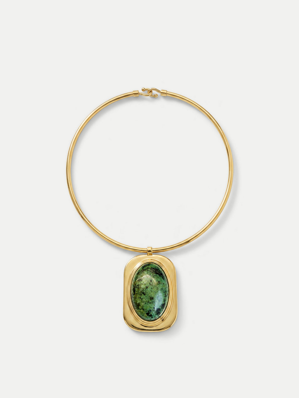 Veronica Beard Gold choker necklace with green stone pendant.