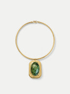 Veronica Beard Gold choker necklace with green stone pendant.
