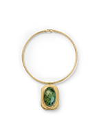 Veronica Beard Gold choker with a green gemstone pendant.
