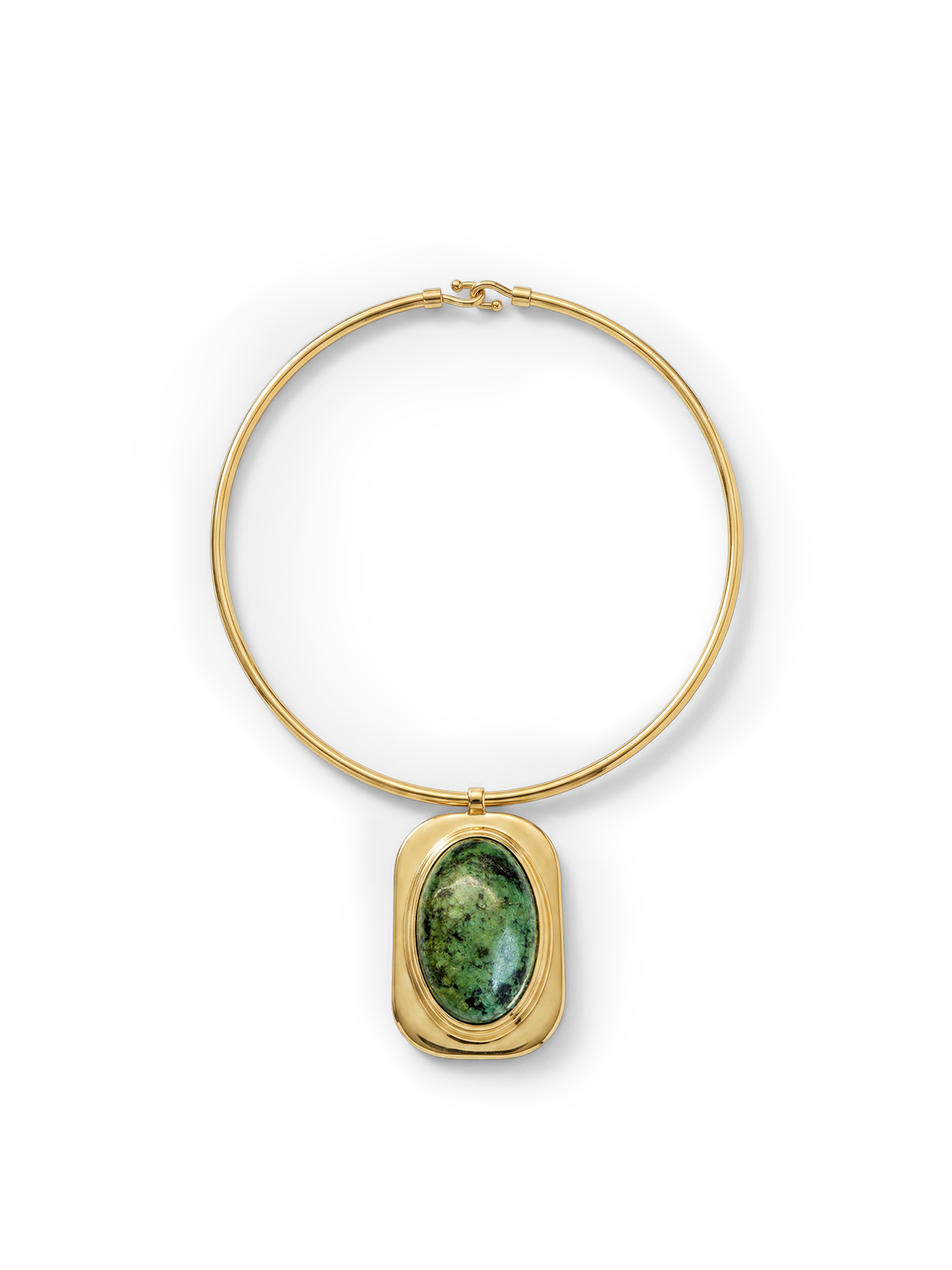 Veronica Beard Gold choker with a green gemstone pendant.