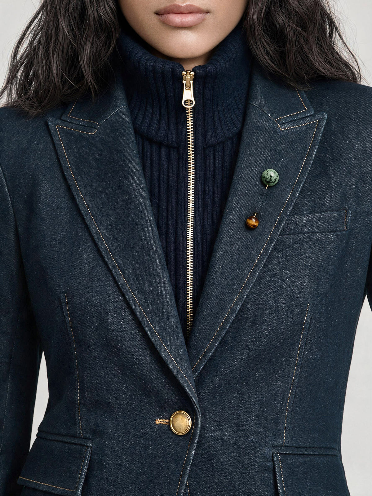 Veronica Beard Dark blue denim blazer and ribbed zip sweater.