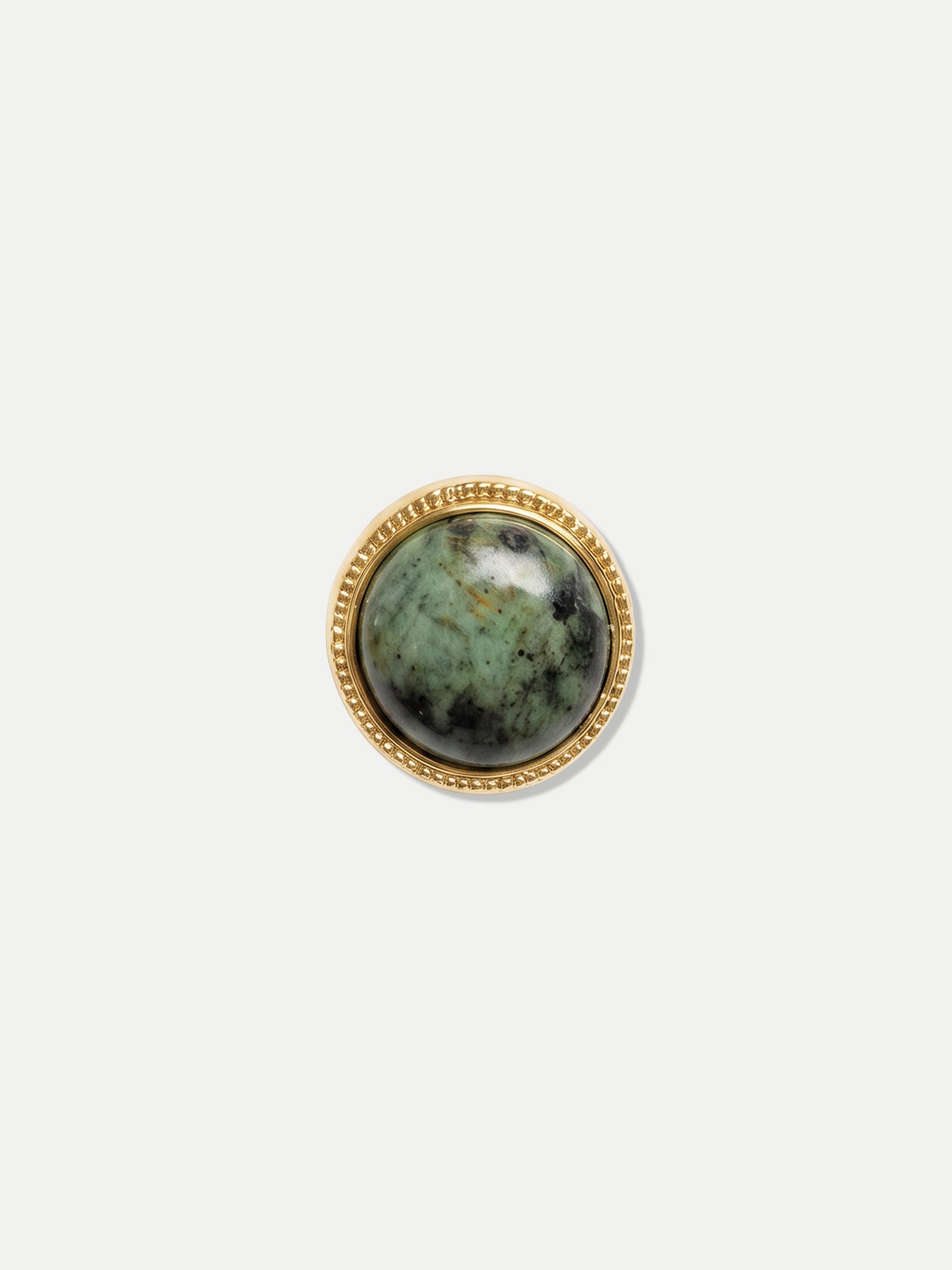 Veronica Beard Round green stone gold ring with beaded edge.