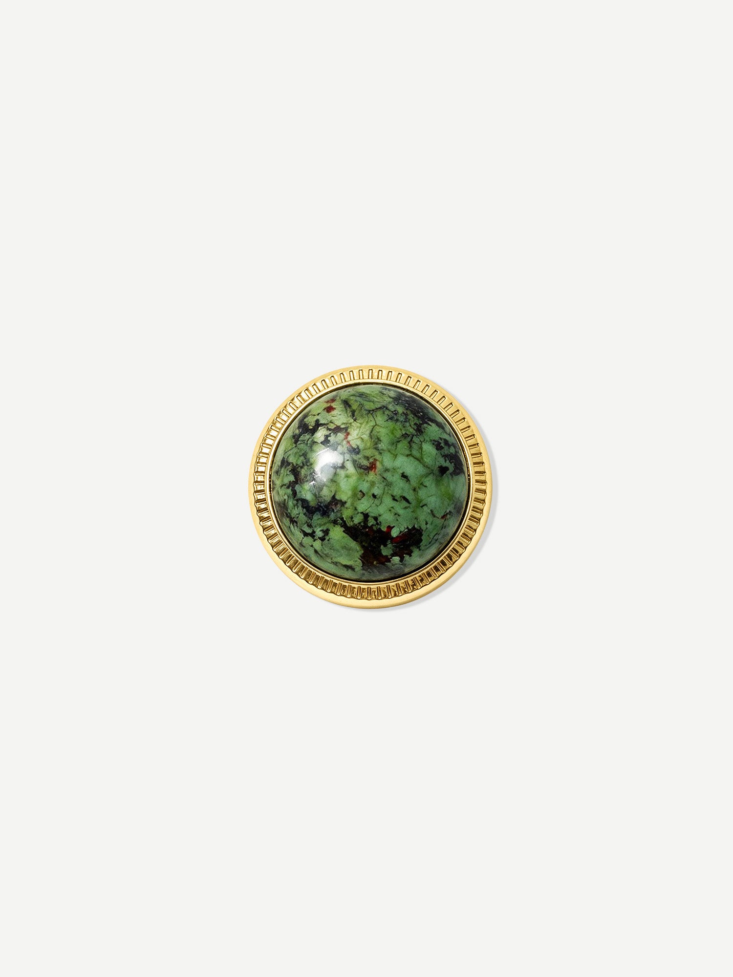Veronica Beard Round gold-rimmed green gemstone ring with ribbed edge.