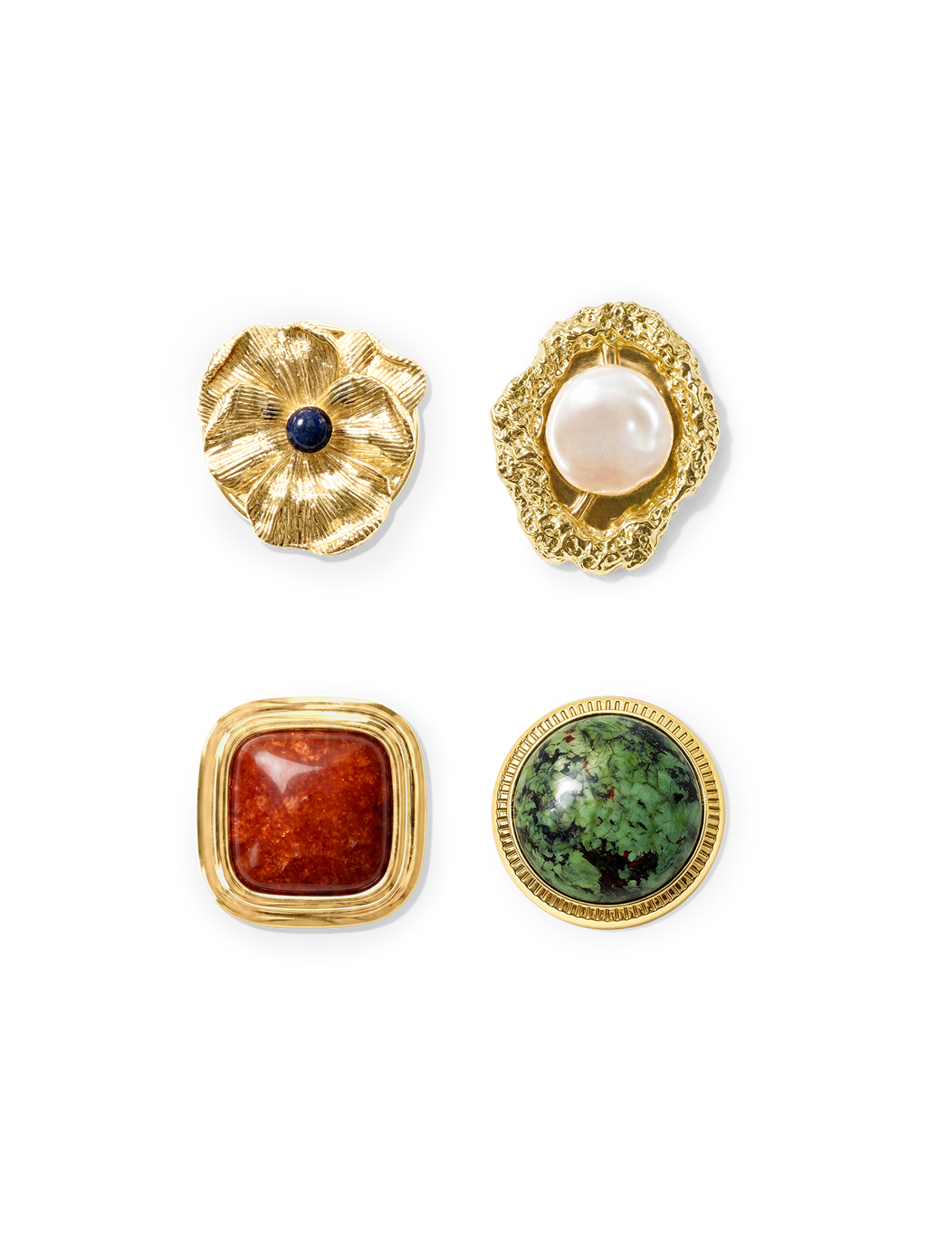 Veronica Beard Four ornate gold buttons with gemstones and pearls.