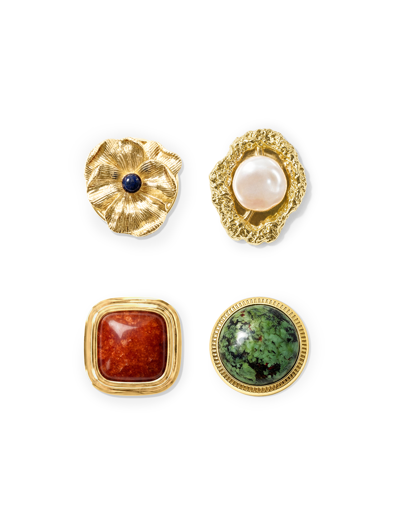 Veronica Beard Four ornate gold buttons with gemstones and pearls.