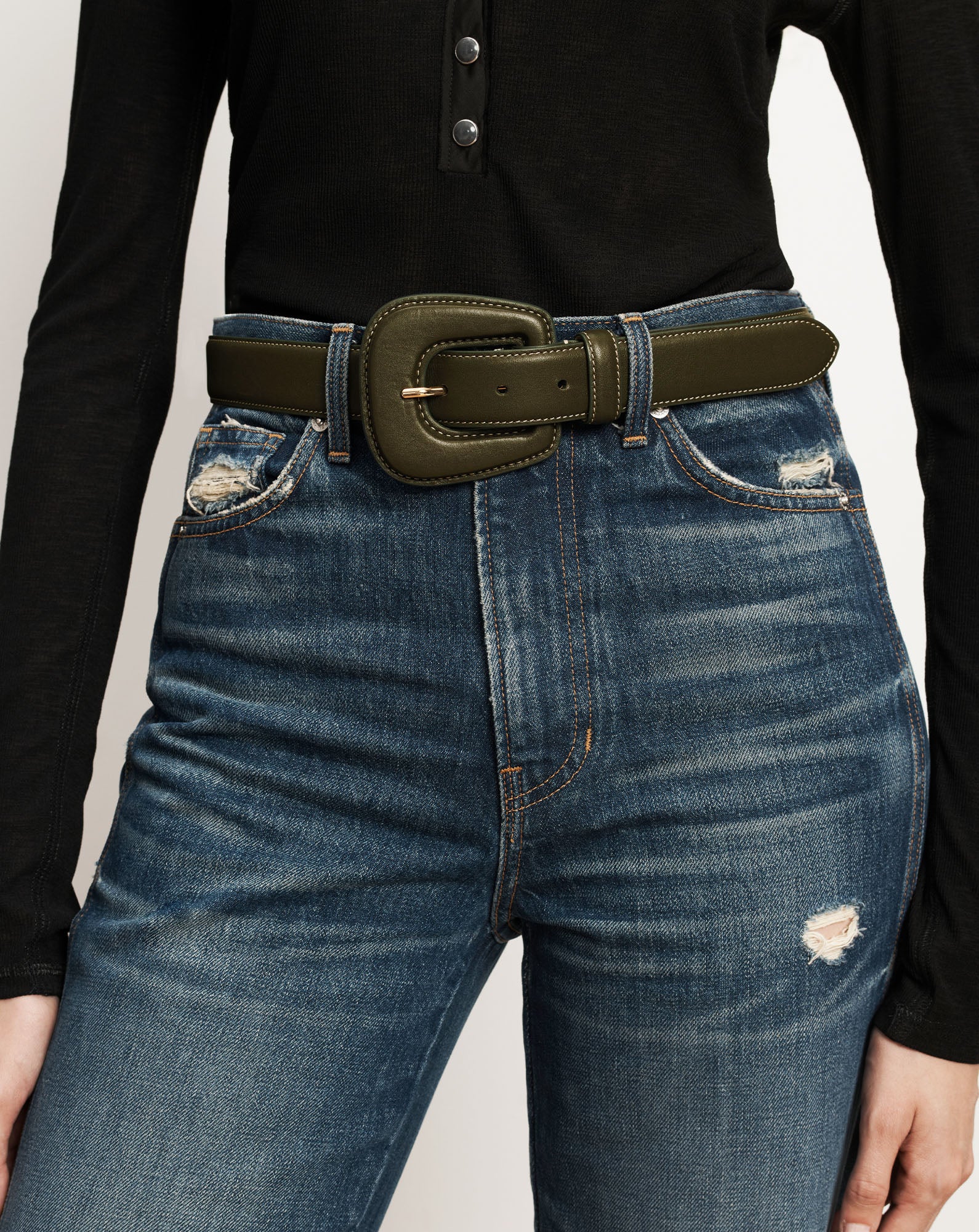 Veronica Beard Elsy Leather-Buckle Belt - Cypress