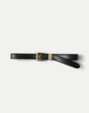 Veronica Beard Black leather belt with gold metal buckle.