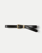 Veronica Beard Black leather belt with gold metal buckle.
