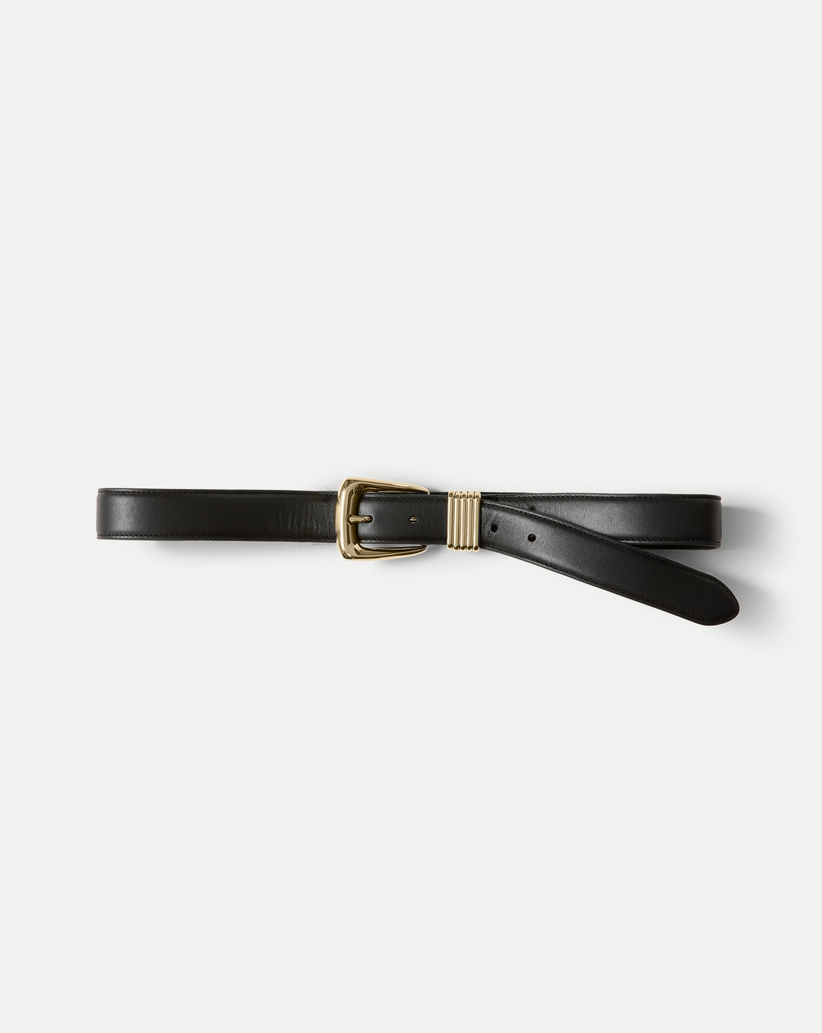 Veronica Beard Black leather belt with gold metal buckle.