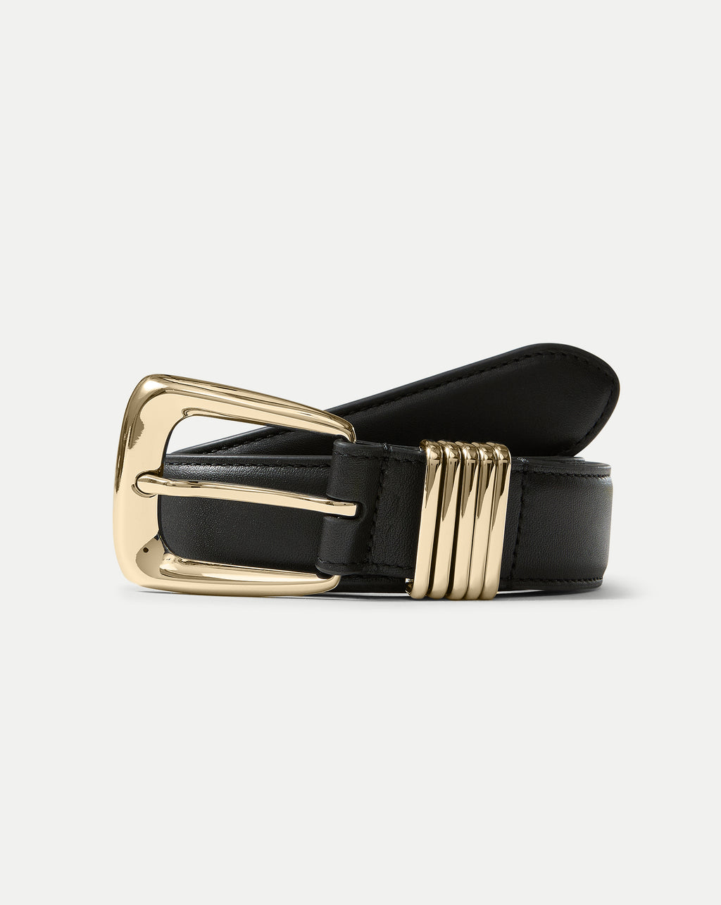 Veronica Beard Black leather belt with gold buckle and loops.